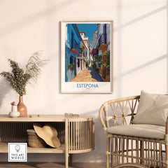 Estepona Spain Art Print | Spanish Architecture Poster framed in a stylish home setting with a chic chair and decor.