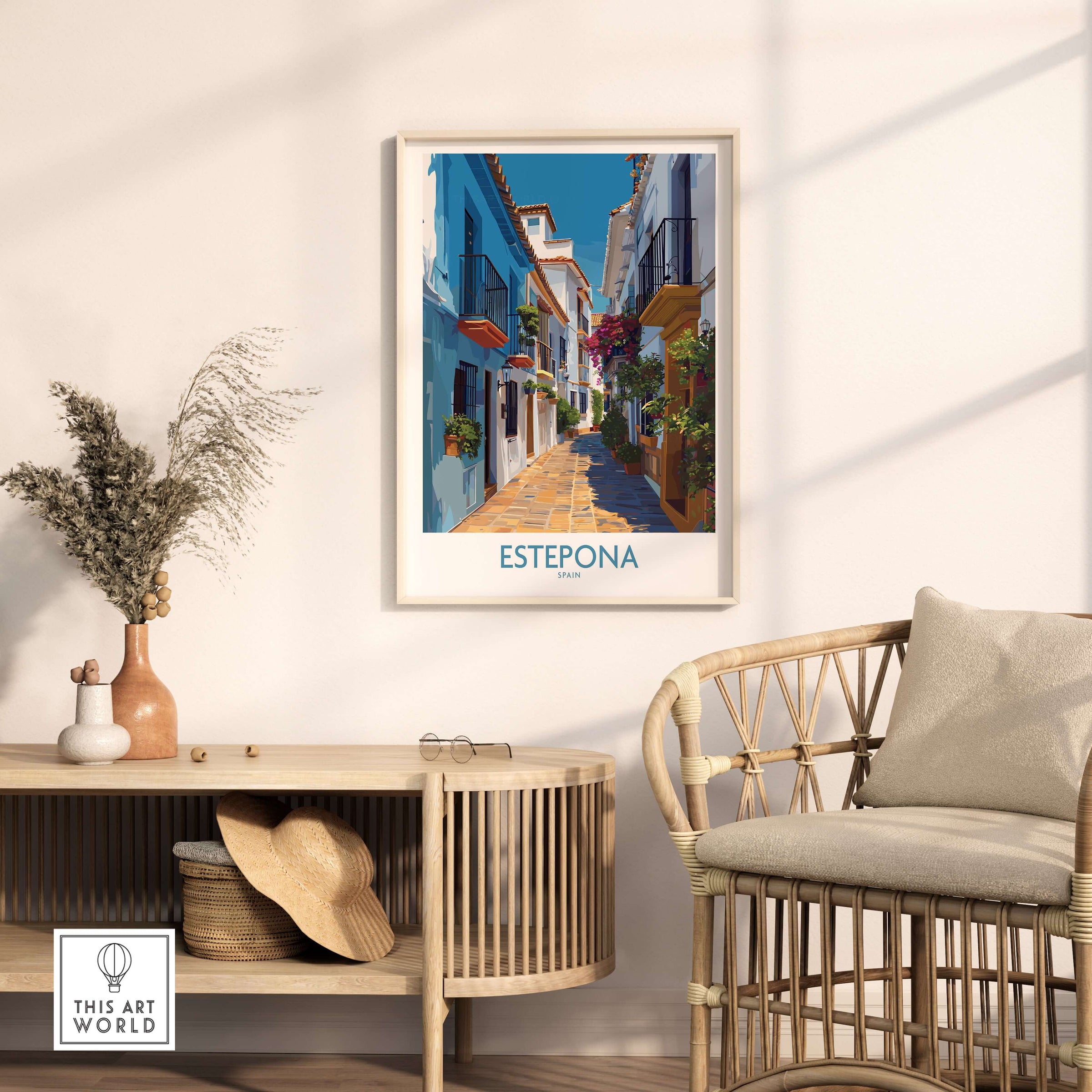 Estepona Spain Art Print | Spanish Architecture Poster framed in a stylish home setting with a chic chair and decor.