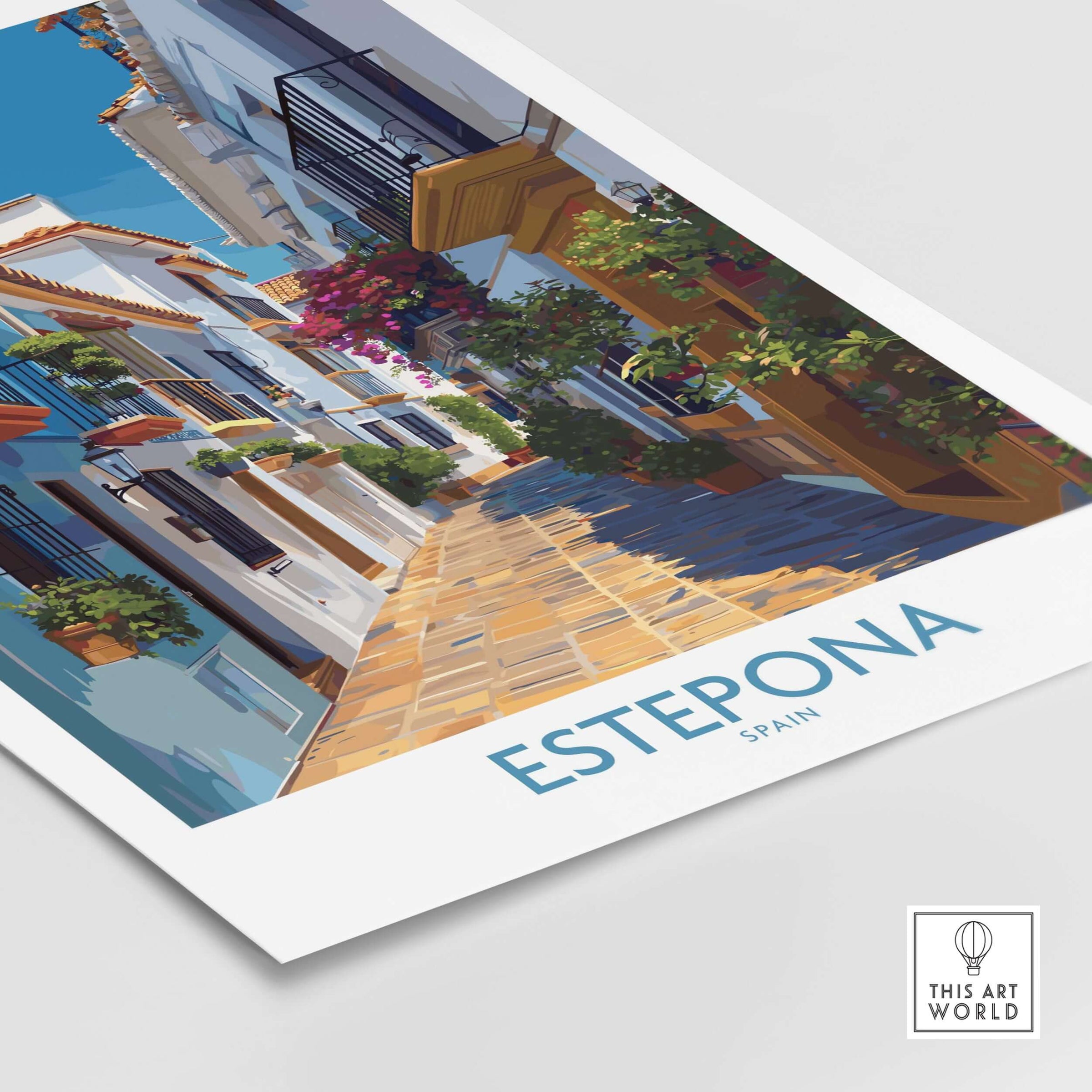 Estepona Spain Art Print | Spanish Architecture Poster showcasing a vibrant street with flowers and Spanish architecture.