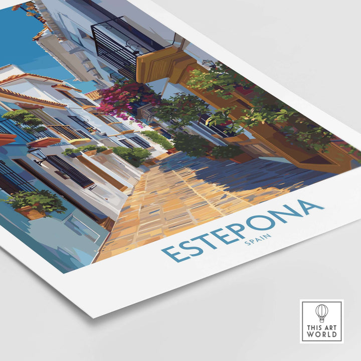 Estepona Spain Art Print | Spanish Architecture Poster showcasing a vibrant street with flowers and traditional architecture.