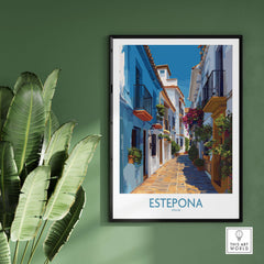 Estepona Spain Art Print | Spanish Architecture Poster featuring a vibrant street scene with colorful buildings.