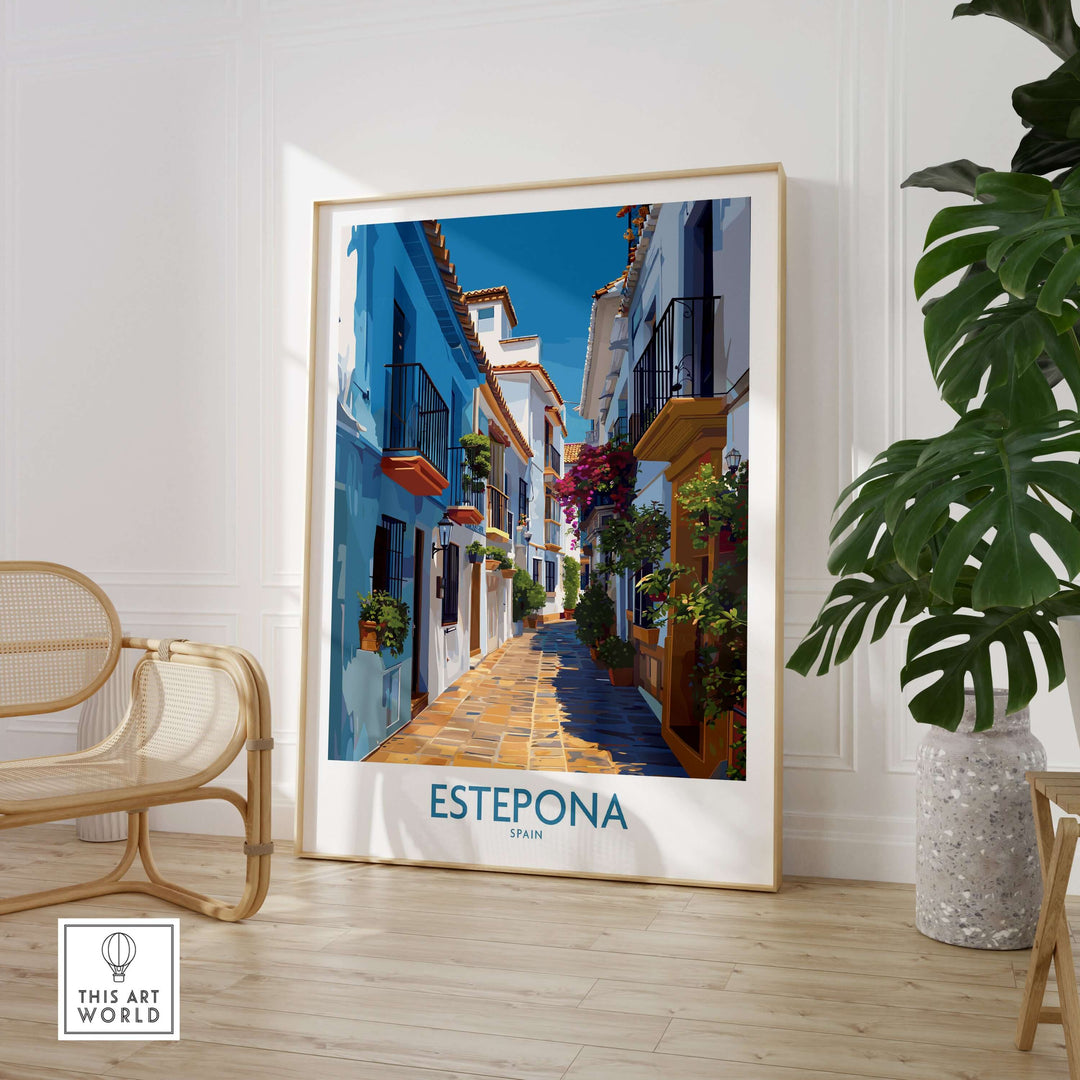 Estepona Spain Art Print | Spanish Architecture Poster showcasing vibrant alley with flowers and white buildings.