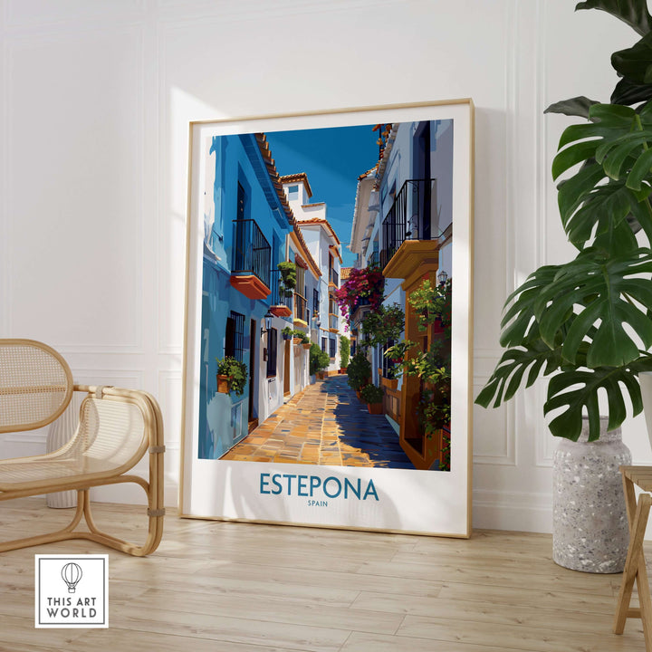 Estepona Spain Art Print | Spanish Architecture Poster showcasing vibrant alley with flowers and white buildings.