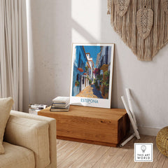 Estepona Spain Art Print | Spanish Architecture Poster displayed in a cozy living room setting.