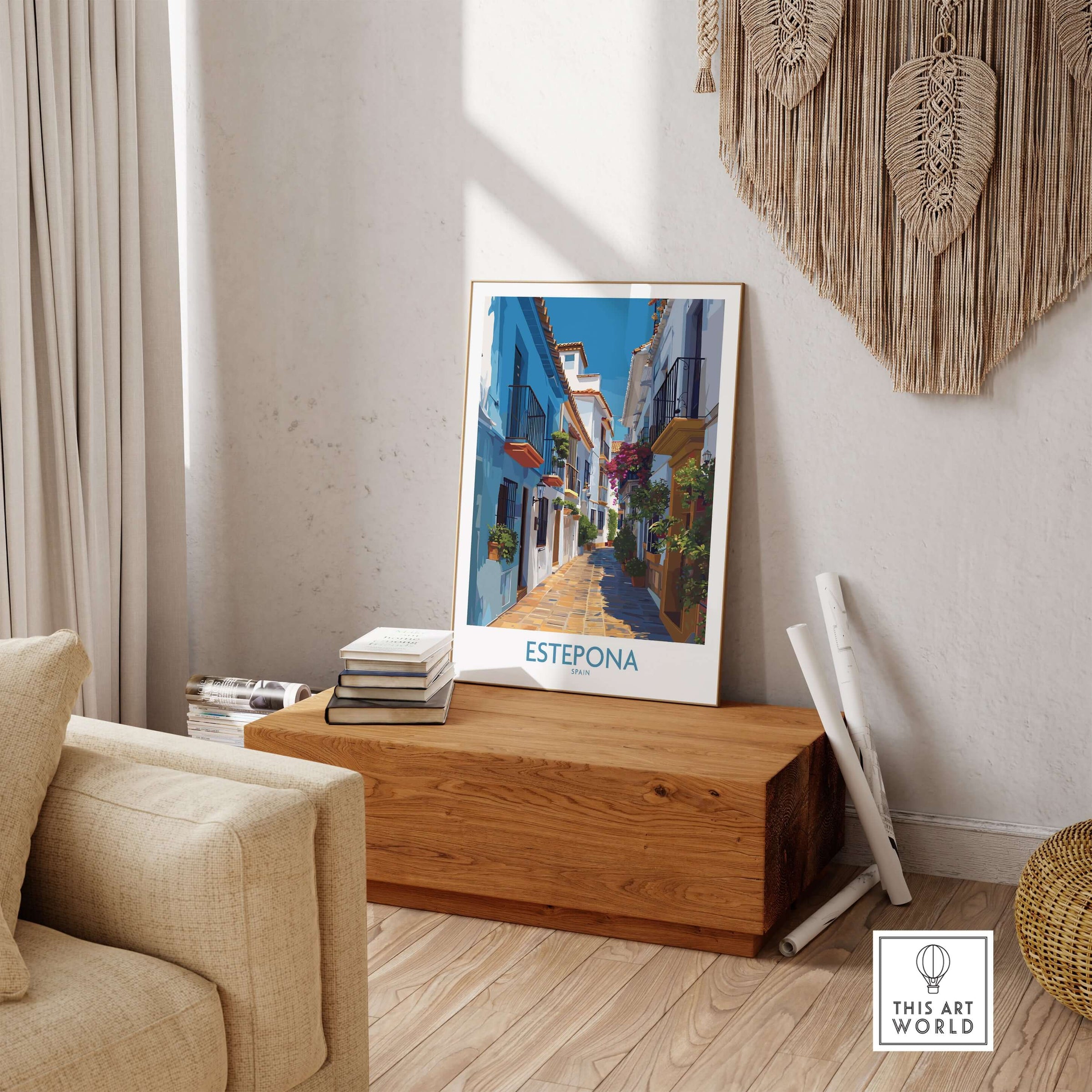 Estepona Spain Art Print | Spanish Architecture Poster displayed in a cozy living room setting.