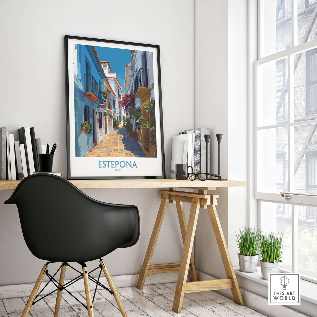 Estepona Spain Art Print | Spanish Architecture Poster displayed in a stylish home office with modern decor.