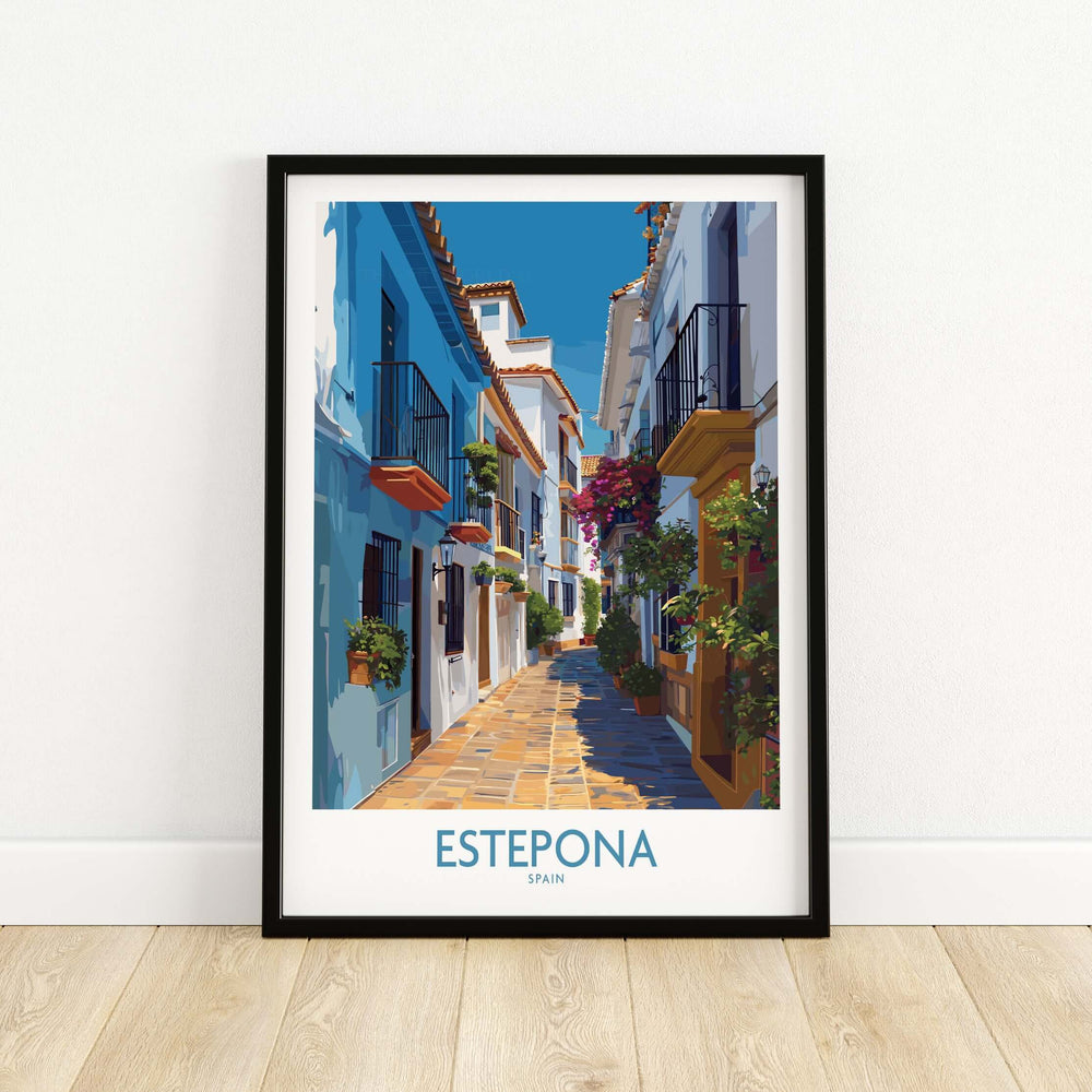 Estepona Spain Art Print | Spanish Architecture Poster featuring a charming street scene with colorful buildings.