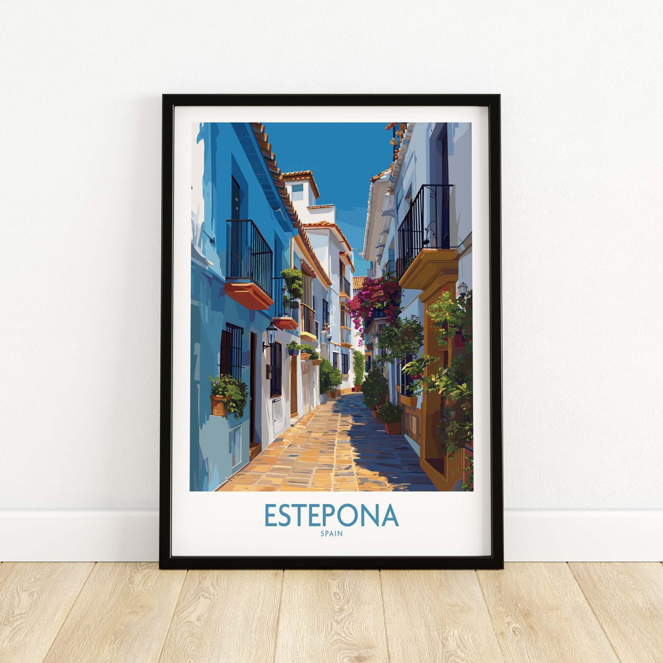 Estepona Spain Art Print | Spanish Architecture Poster featuring a charming street scene with colorful buildings.