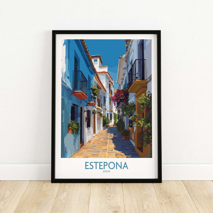 Estepona Spain Art Print | Spanish Architecture Poster featuring a charming street scene with colorful buildings.