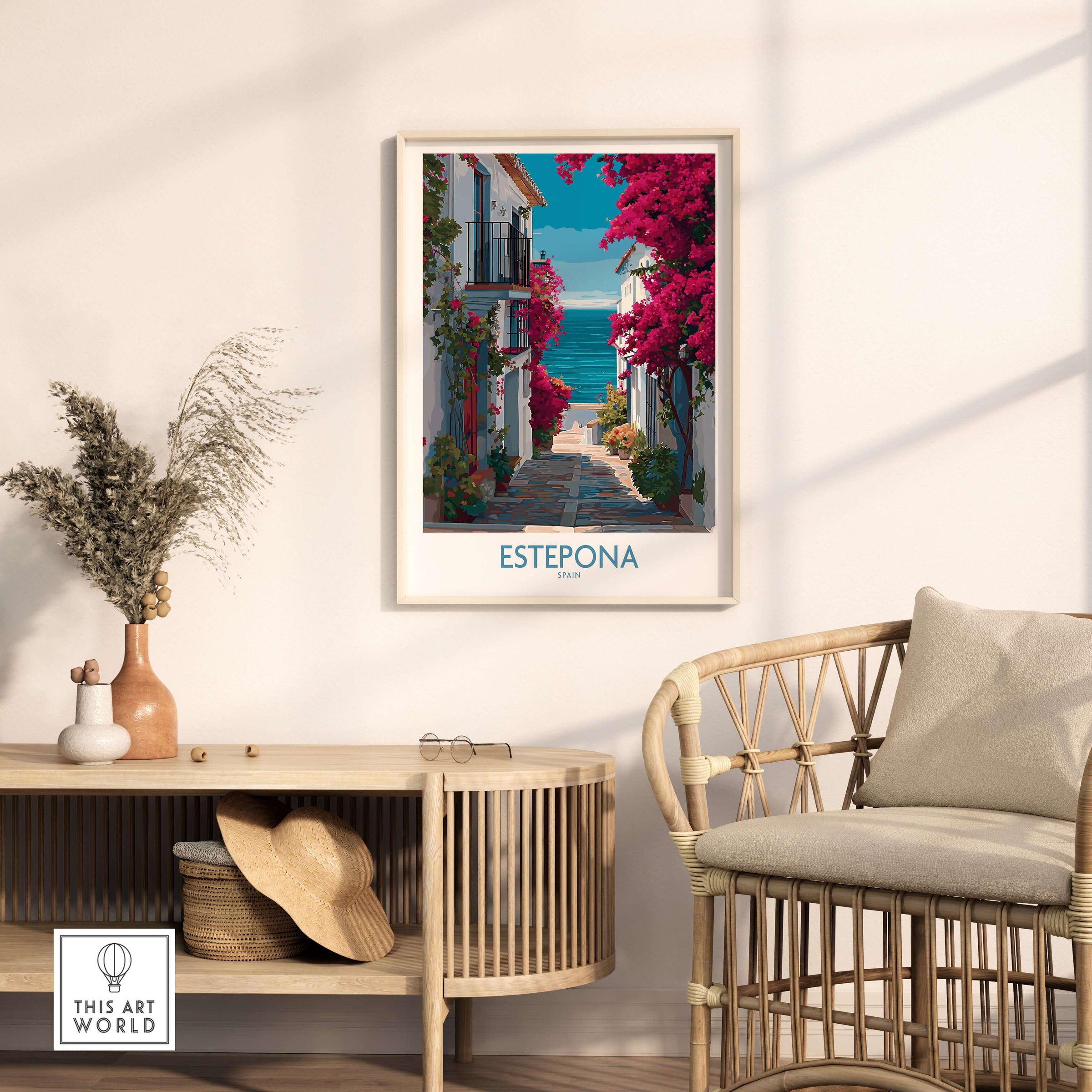 Estepona Spain Art Print | Bougainvillea Coastal Poster displayed in a stylish room, enhancing decor with vibrant colors.