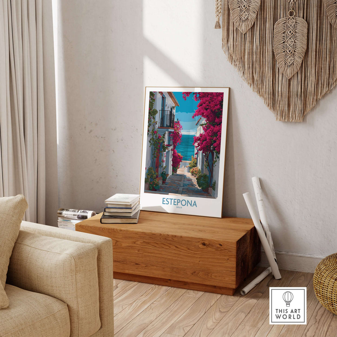 Estepona Spain Art Print | Bougainvillea Coastal Poster displayed in a stylish living room setting.