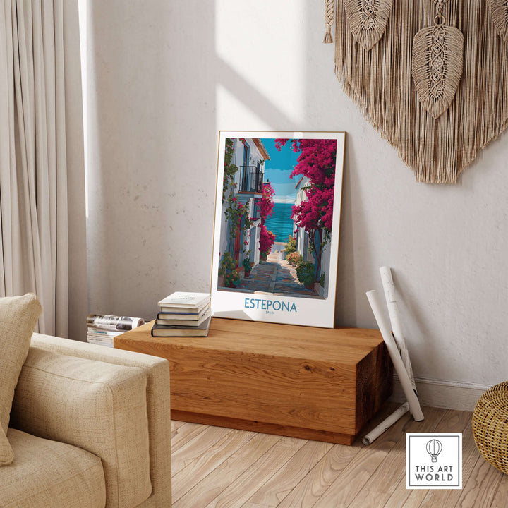 Estepona Spain Art Print | Bougainvillea Coastal Poster displayed in a stylish living room setting.