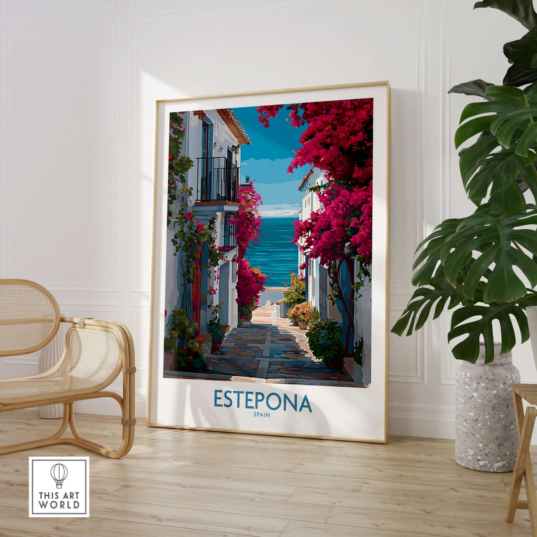 Estepona Spain Art Print | Bougainvillea Coastal Poster showcasing a vibrant coastal scene with beautiful flowers.