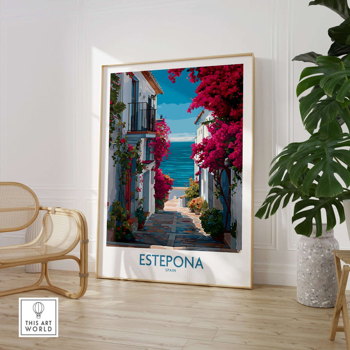 Estepona Spain Art Print | Bougainvillea Coastal Poster showcasing a vibrant coastal scene with beautiful flowers.