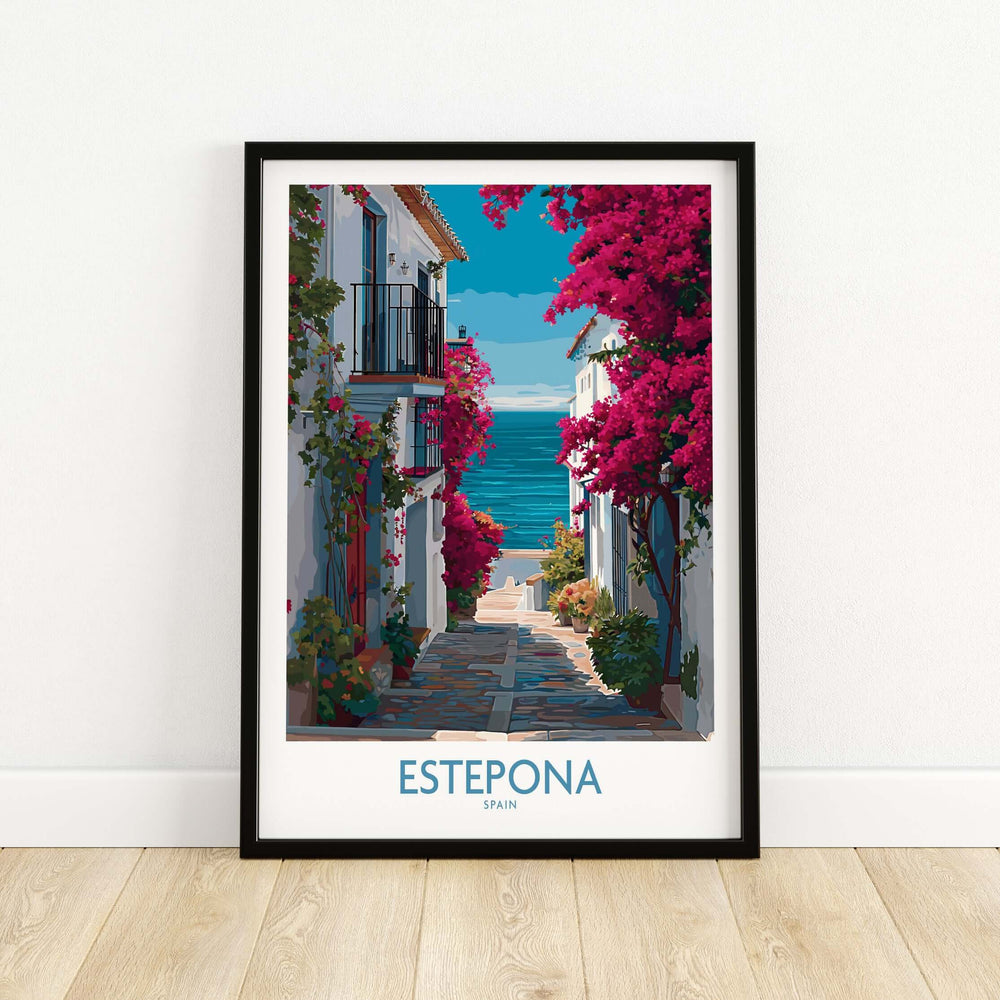 Estepona Spain Art Print | Bougainvillea Coastal Poster featuring vibrant flowers and scenic coastal views.