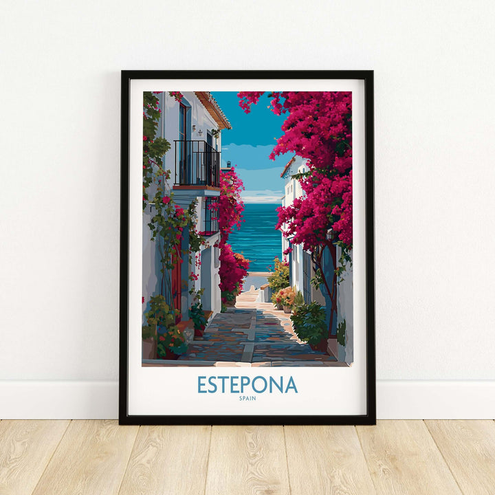 Estepona Spain Art Print | Bougainvillea Coastal Poster featuring vibrant flowers and scenic coastal views.