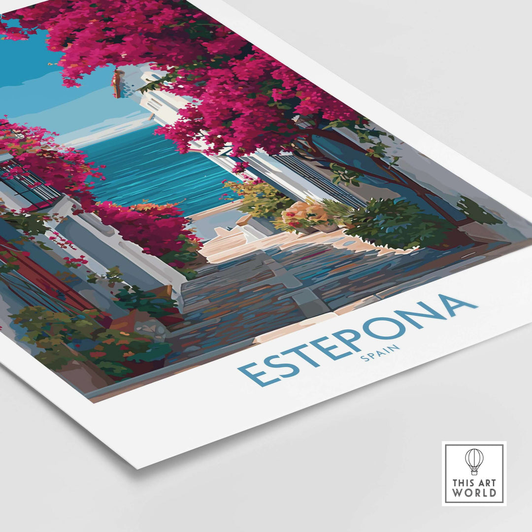 Estepona Spain Art Print | Bougainvillea Coastal Poster showcasing vibrant bougainvillea flowers and coastal scenery.
