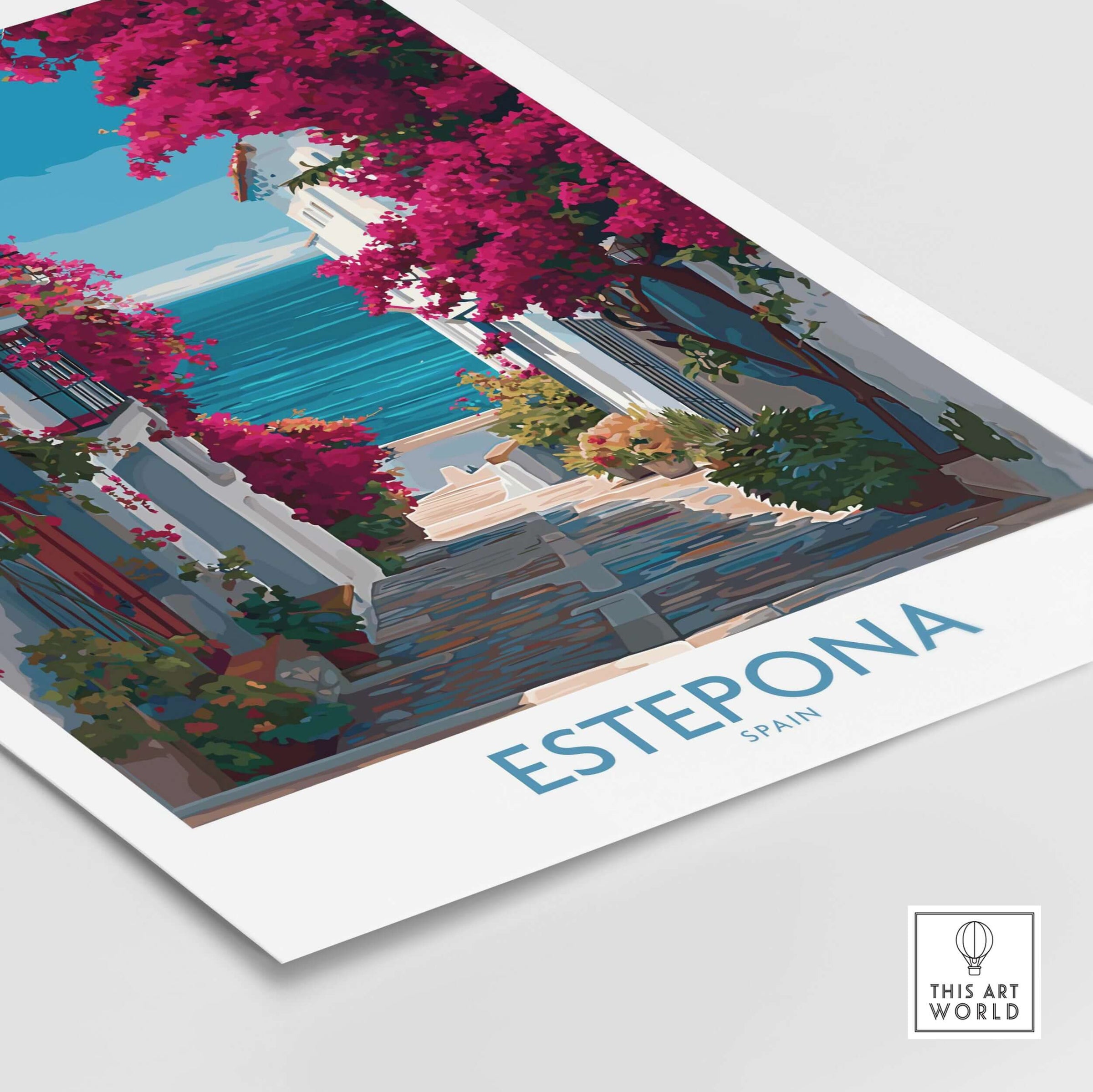 Estepona Spain Art Print | Bougainvillea Coastal Poster showcasing vibrant bougainvillea and coastal scenery.