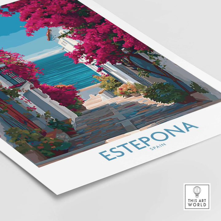 Estepona Spain Art Print | Bougainvillea Coastal Poster showcasing vibrant bougainvillea flowers and coastal scenery.