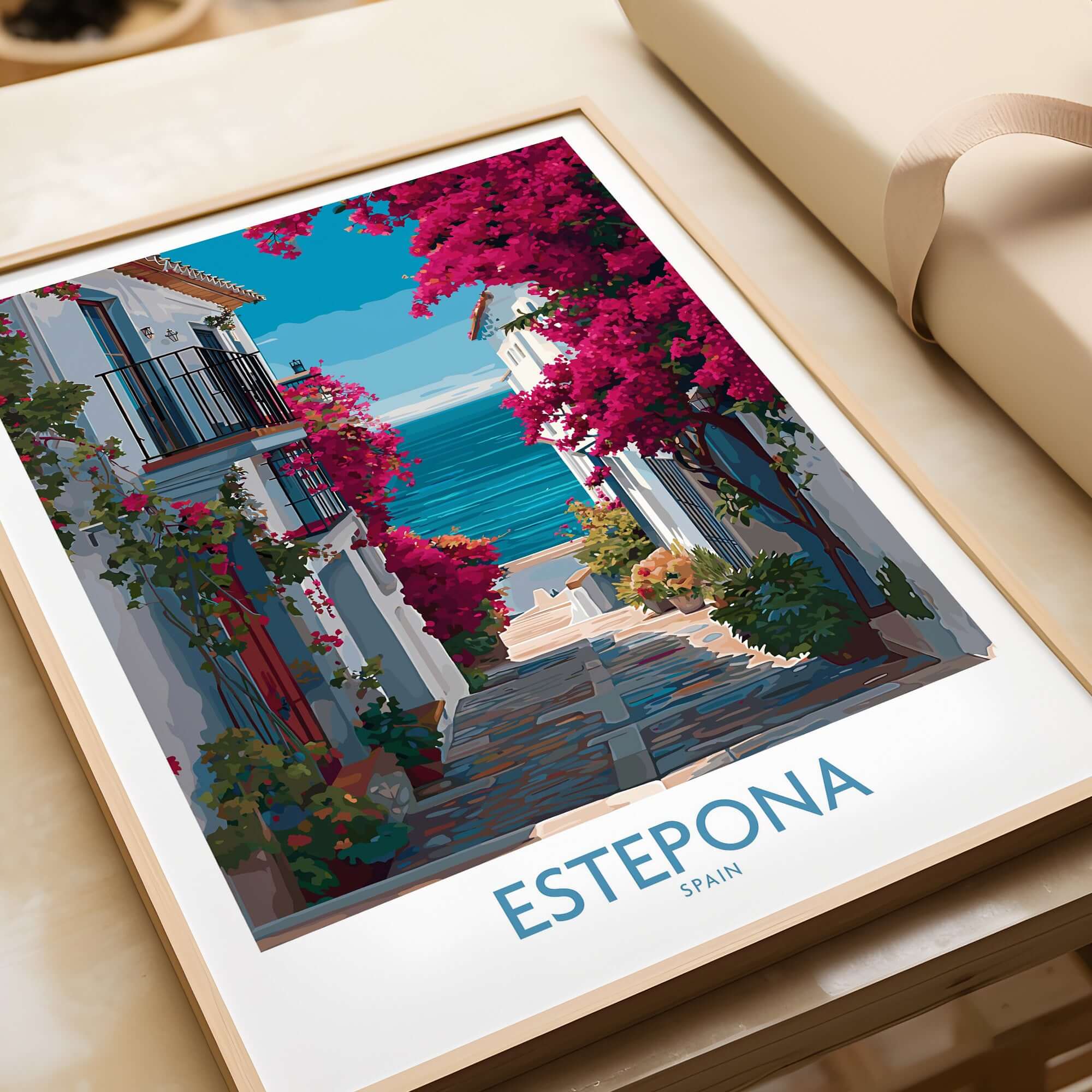 Estepona Spain Art Print | Bougainvillea Coastal Poster featuring vibrant bougainvillea against the seaside.
