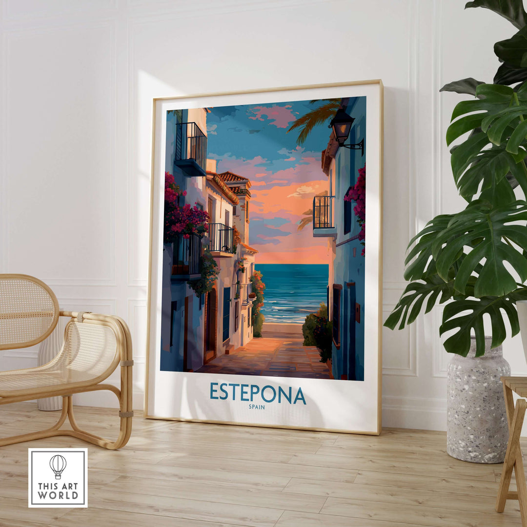 Estepona Spain Sunset Alley Art Print | Romantic Coastal Wall Poster in a cozy interior setting.