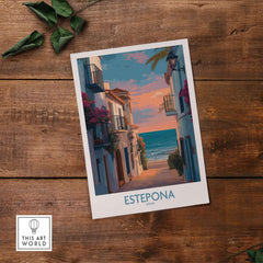 Estepona Spain Sunset Alley Art Print | Romantic Coastal Wall Poster featuring sunset-lit alley with ocean view.