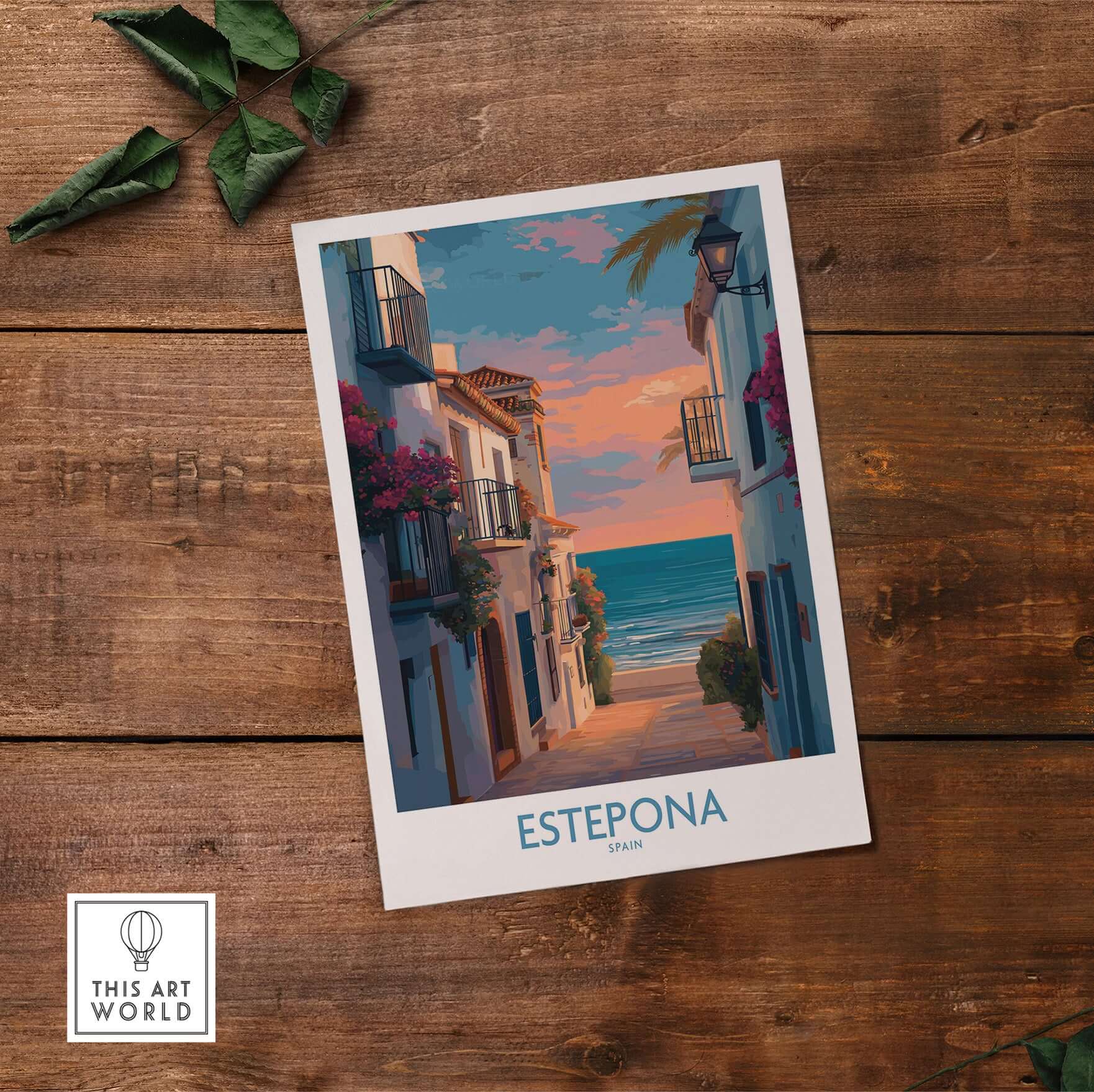Estepona Spain Sunset Alley Art Print | Romantic Coastal Wall Poster featuring sunset-lit alley with ocean view.