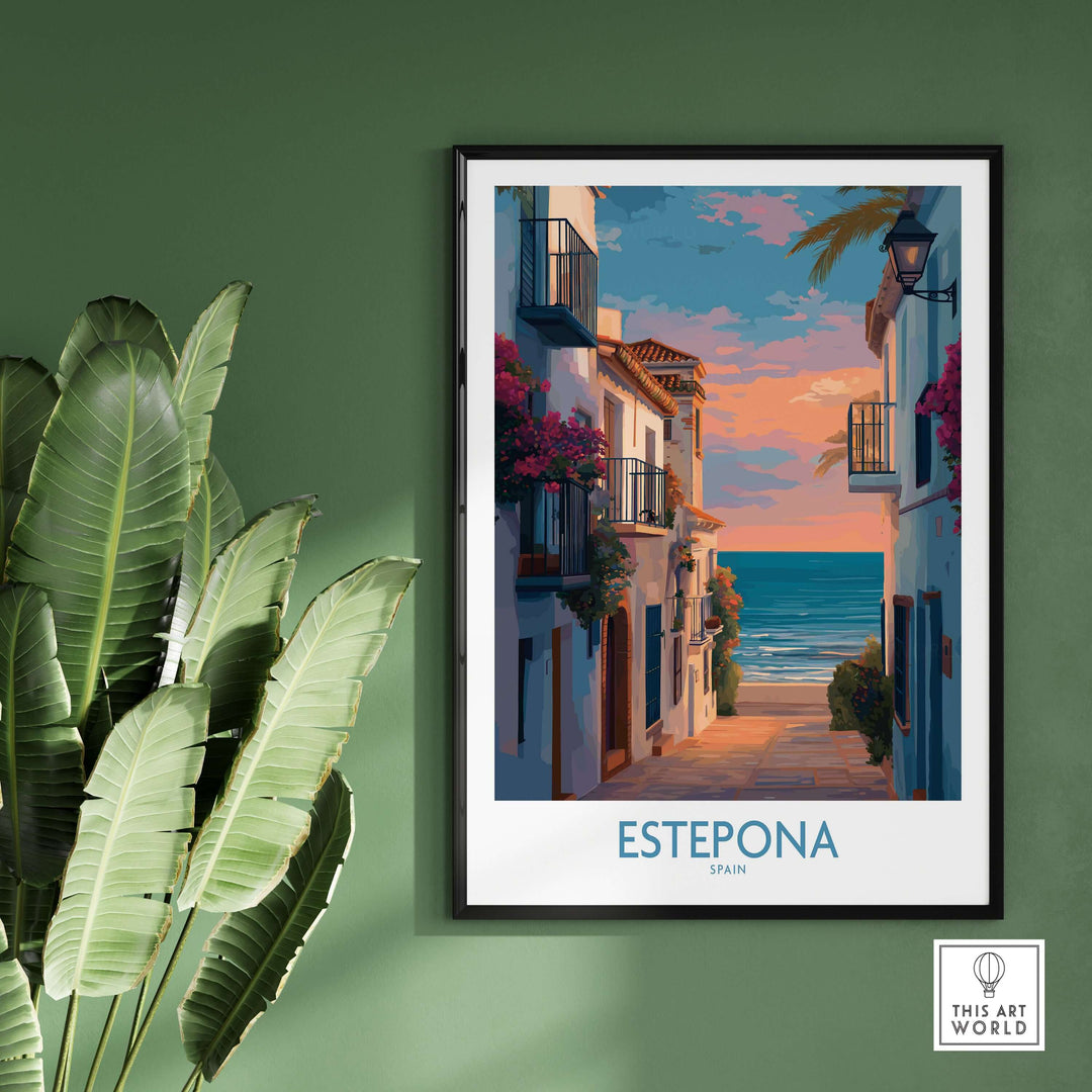 Estepona Spain Sunset Alley Art Print | Romantic Coastal Wall Poster displayed on a green wall with tropical plants.