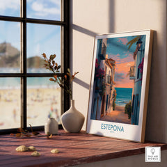 Estepona Spain Sunset Alley Art Print | Romantic Coastal Wall Poster displayed by a window with beach view.