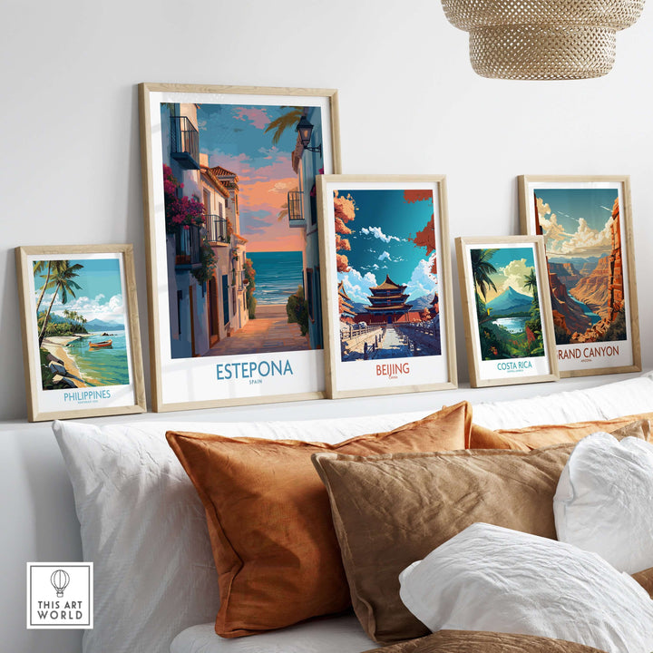 Estepona Spain Sunset Alley Art Print | Romantic Coastal Wall Poster displayed with other travel art prints.