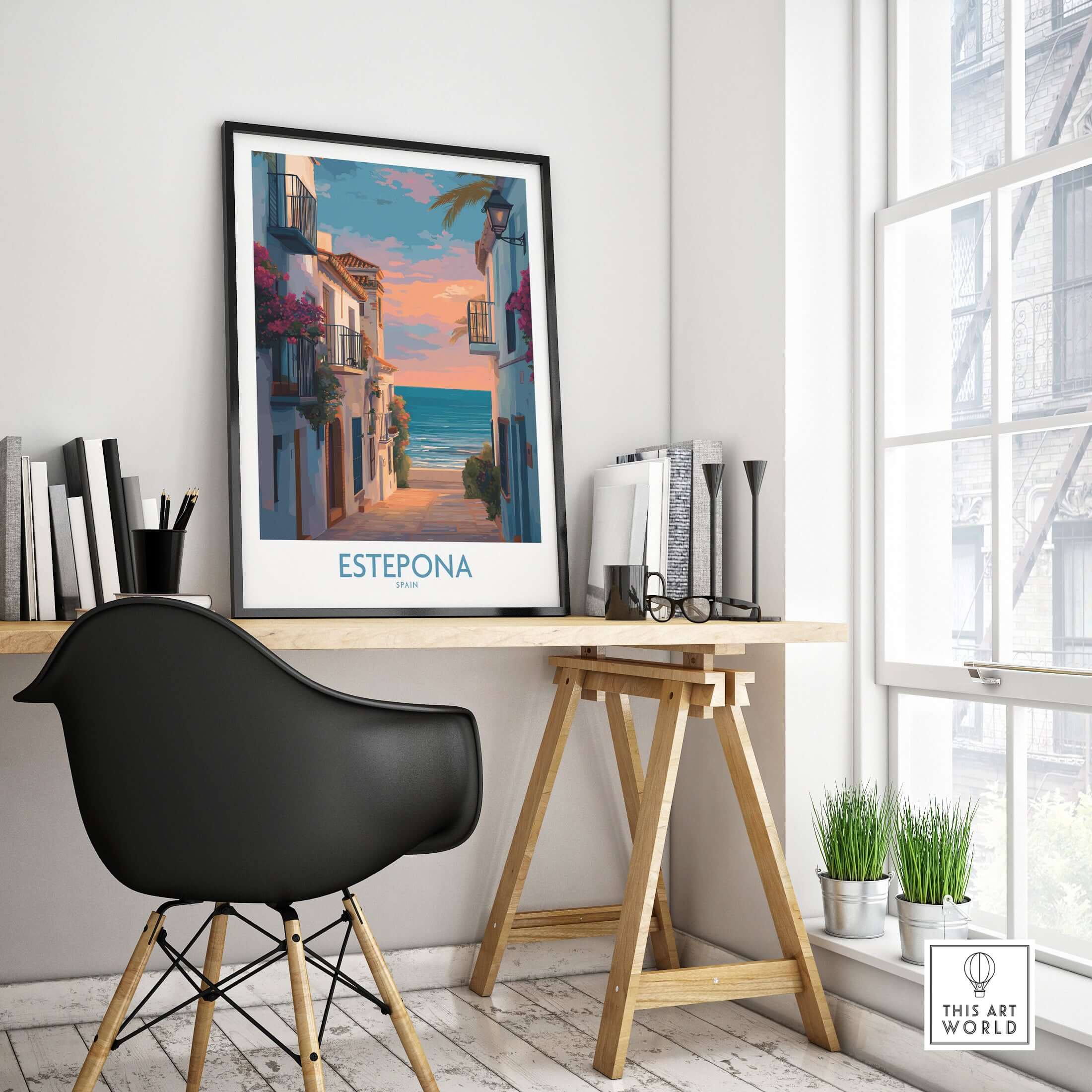 Estepona Spain Sunset Alley Art Print | Romantic Coastal Wall Poster displayed in a modern workspace with a stylish chair.