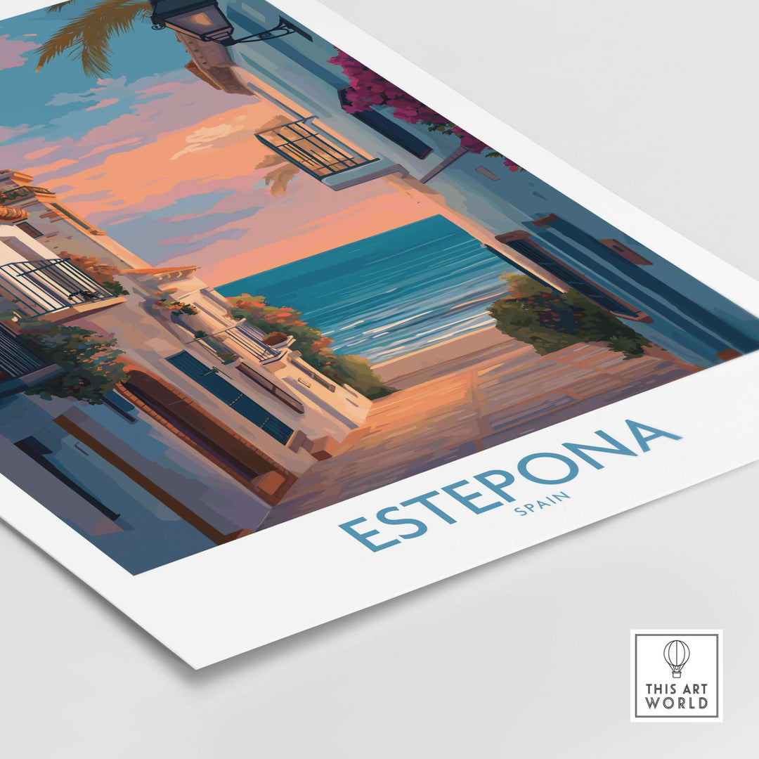 Estepona Spain Sunset Alley Art Print | Romantic Coastal Wall Poster showcasing a sunset over charming alleys by the sea.