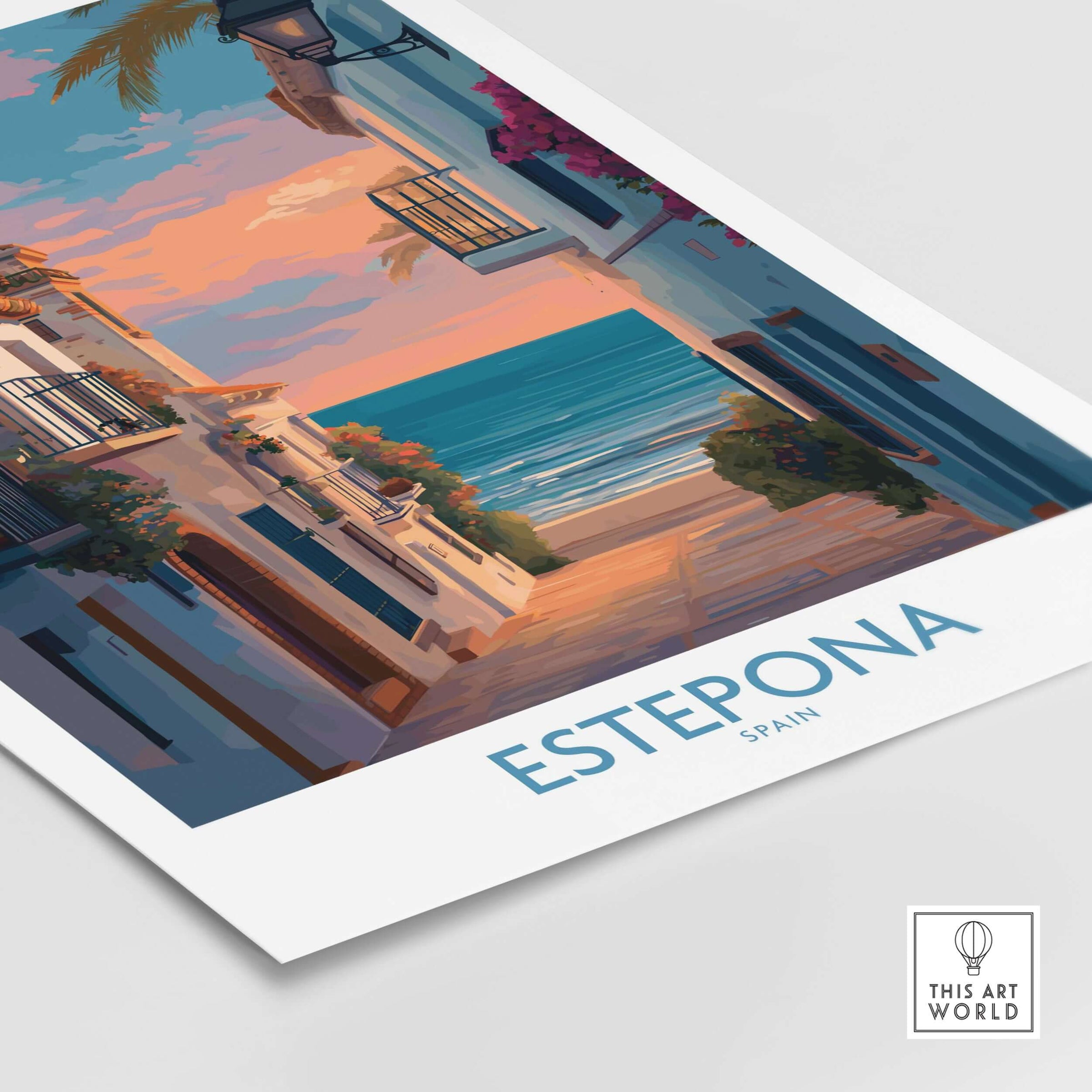 Estepona Spain Sunset Alley Art Print | Romantic Coastal Wall Poster showcasing serene coastal scenery at sunset.
