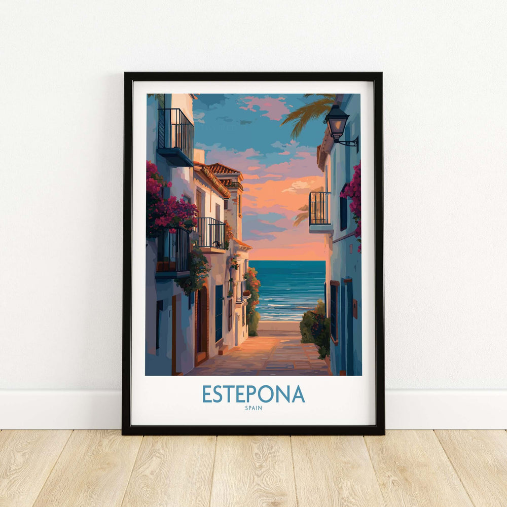 Estepona Spain Sunset Alley Art Print | Romantic Coastal Wall Poster featuring a serene coastal scene.