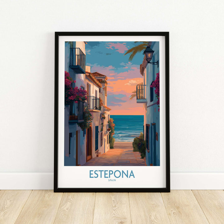 Estepona Spain Sunset Alley Art Print | Romantic Coastal Wall Poster featuring a serene coastal scene.