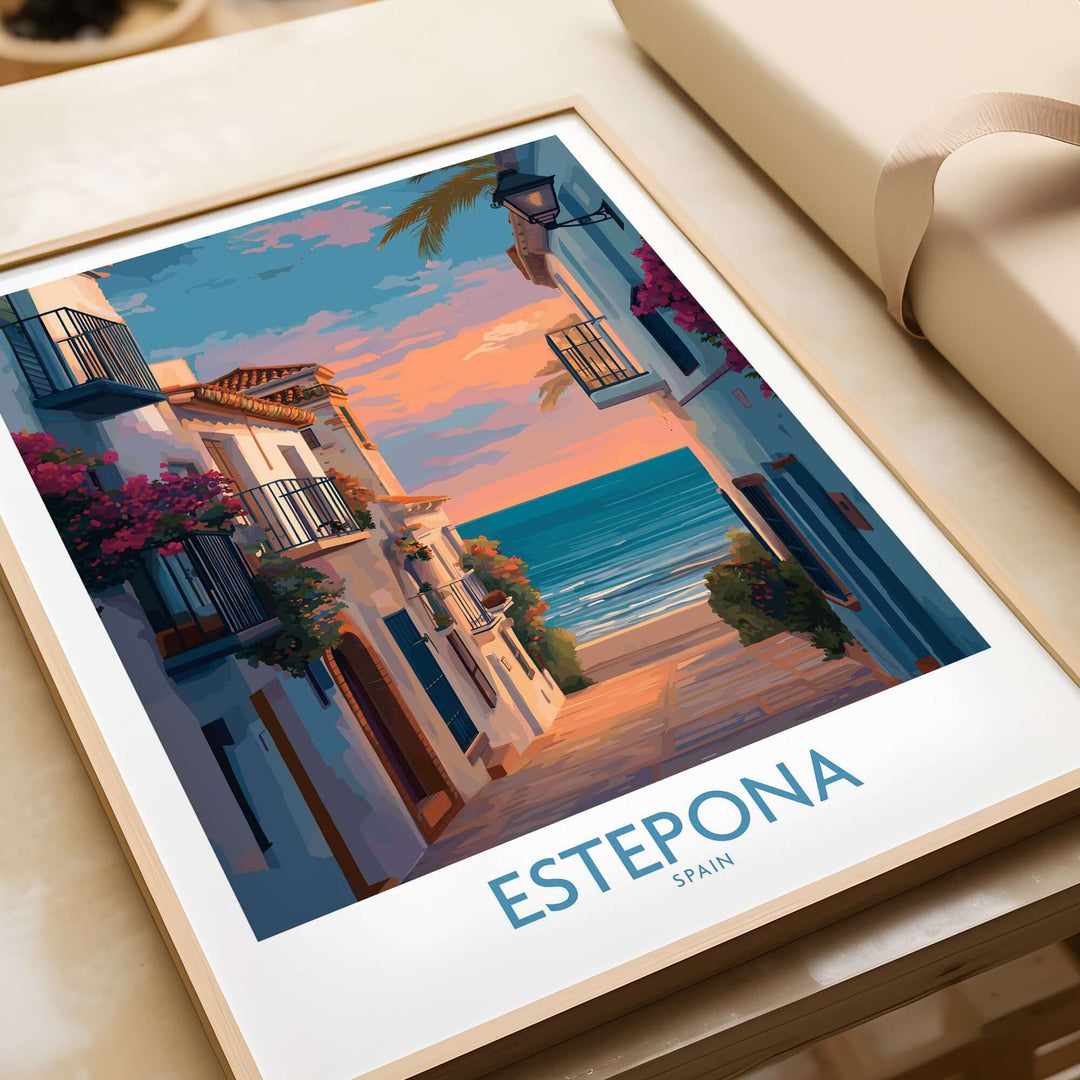Estepona Spain Sunset Alley Art Print | Romantic Coastal Wall Poster depicting charming seaside alley at sunset.