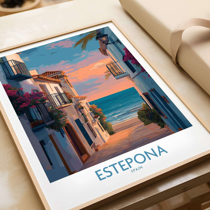 Estepona Spain Sunset Alley Art Print | Romantic Coastal Wall Poster depicting charming seaside alley at sunset.