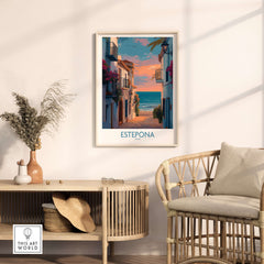 Estepona Spain Sunset Alley Art Print | Romantic Coastal Wall Poster displayed in a cozy room setting.