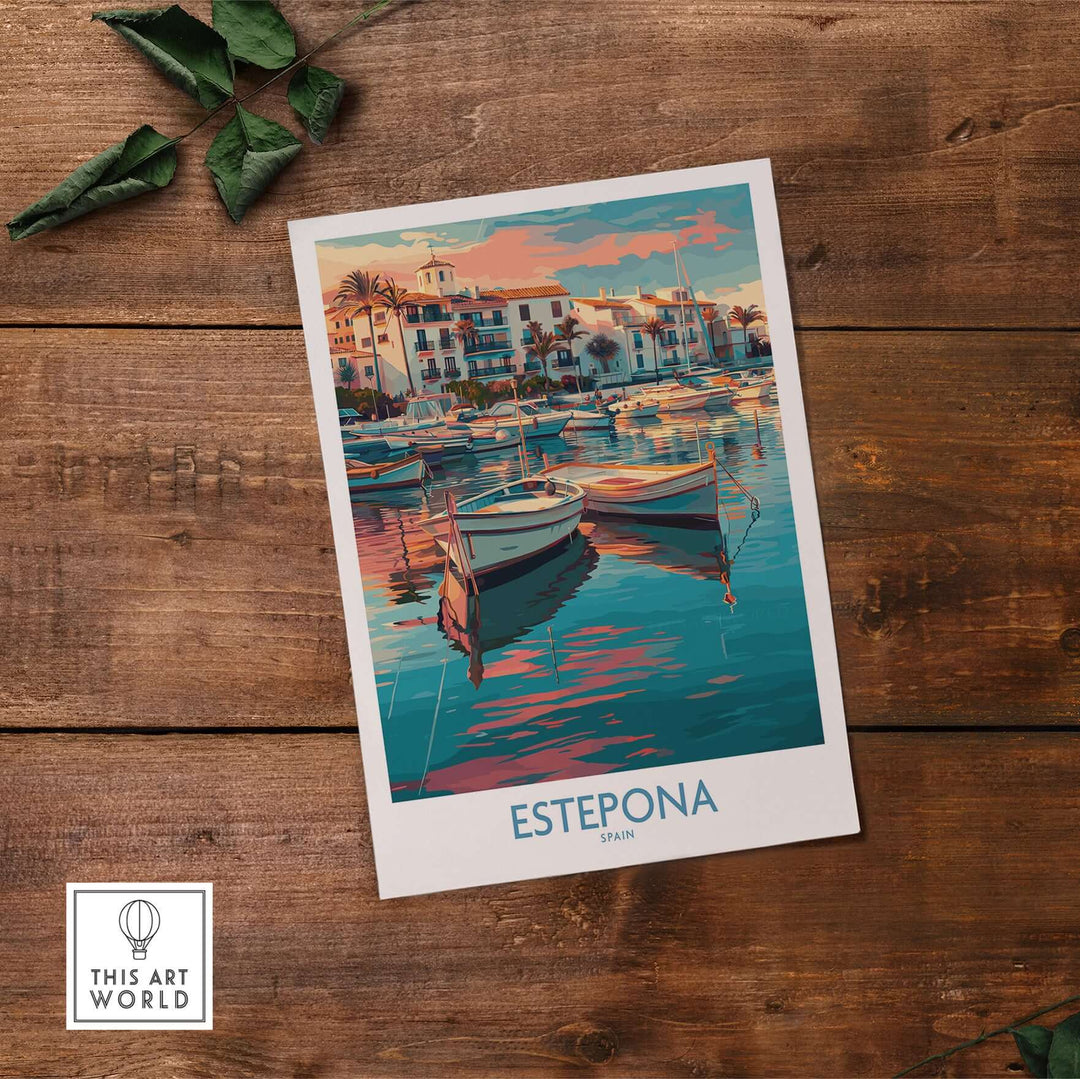 Estepona Spain Sunset Marina Art Print | Andalusian Coastal Poster showcasing a tranquil marina scene at sunset.