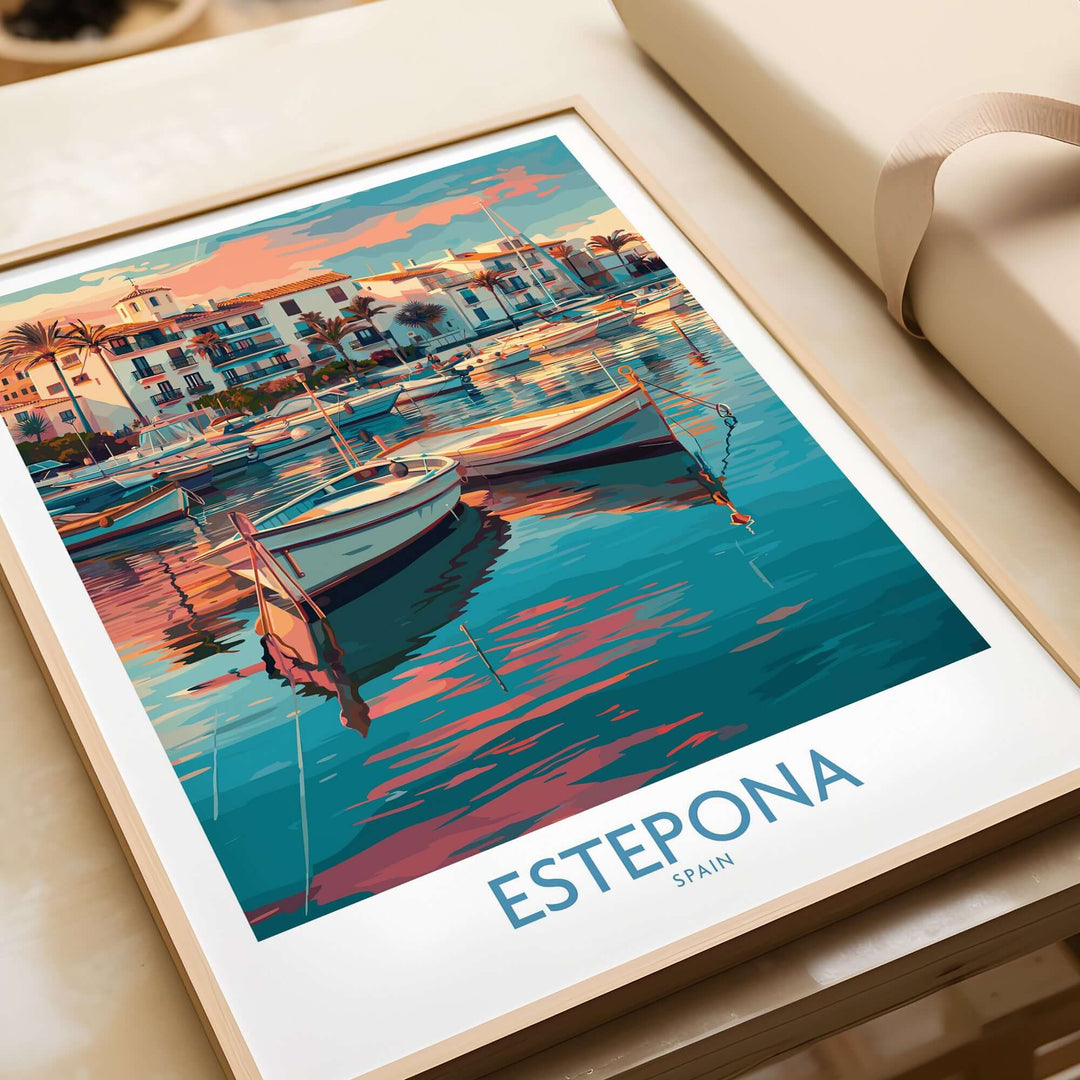 Estepona Spain Sunset Marina Art Print | Andalusian Coastal Poster featuring vibrant marina scene.