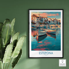 Estepona Spain Sunset Marina Art Print | Andalusian Coastal Poster showcasing vibrant marina reflection.