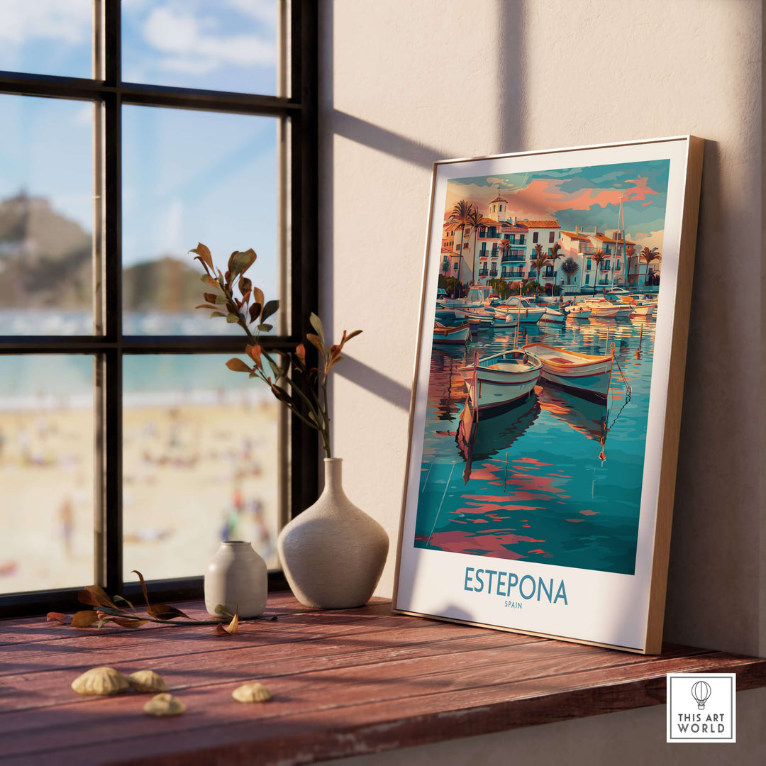 Estepona Spain Sunset Marina Art Print | Andalusian Coastal Poster displayed in a sunlit room with a scenic view.