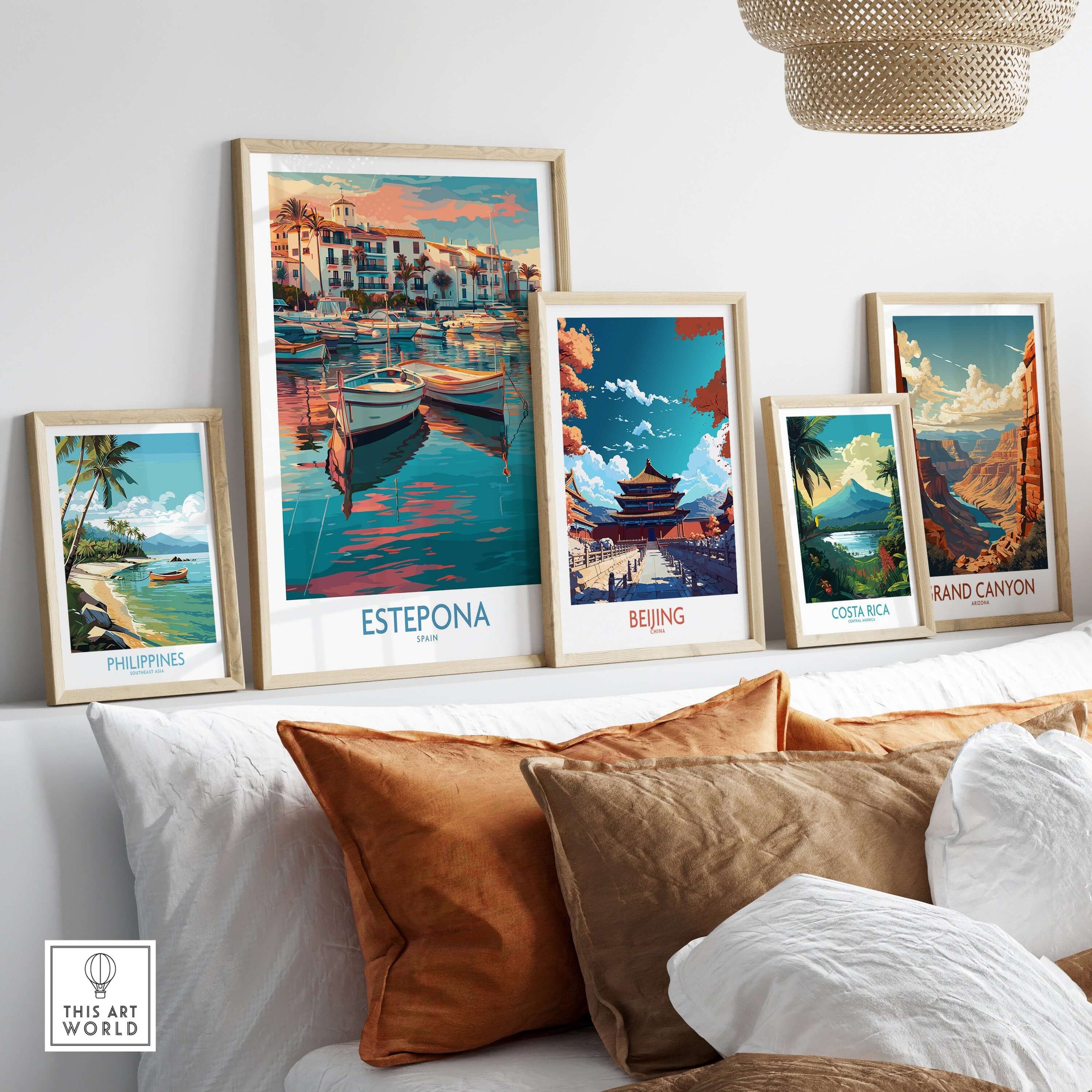 Estepona Spain Sunset Marina Art Print | Andalusian Coastal Poster displayed among travel art prints on a cozy couch.