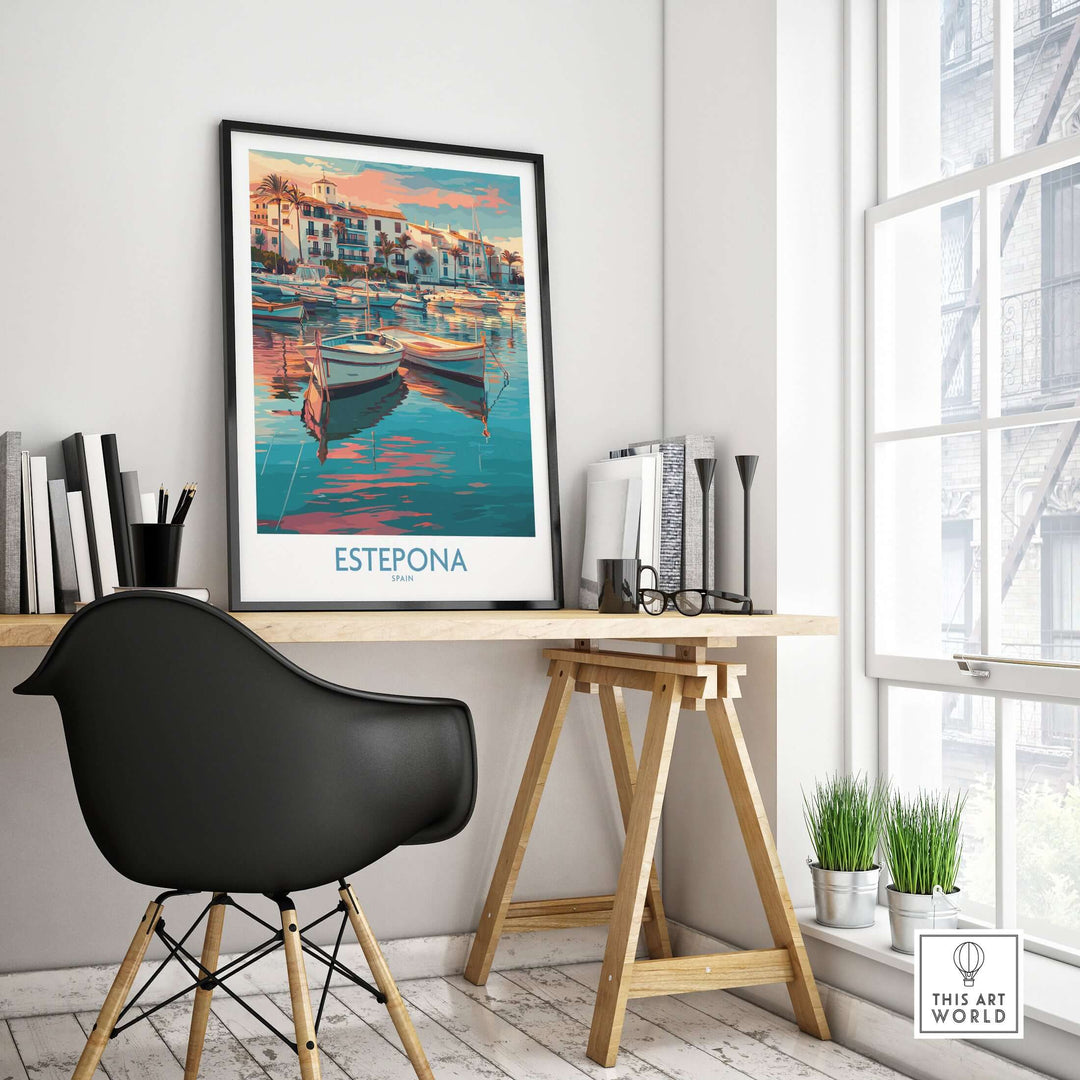 Estepona Spain Sunset Marina Art Print | Andalusian Coastal Poster displayed in a stylish modern office setting.