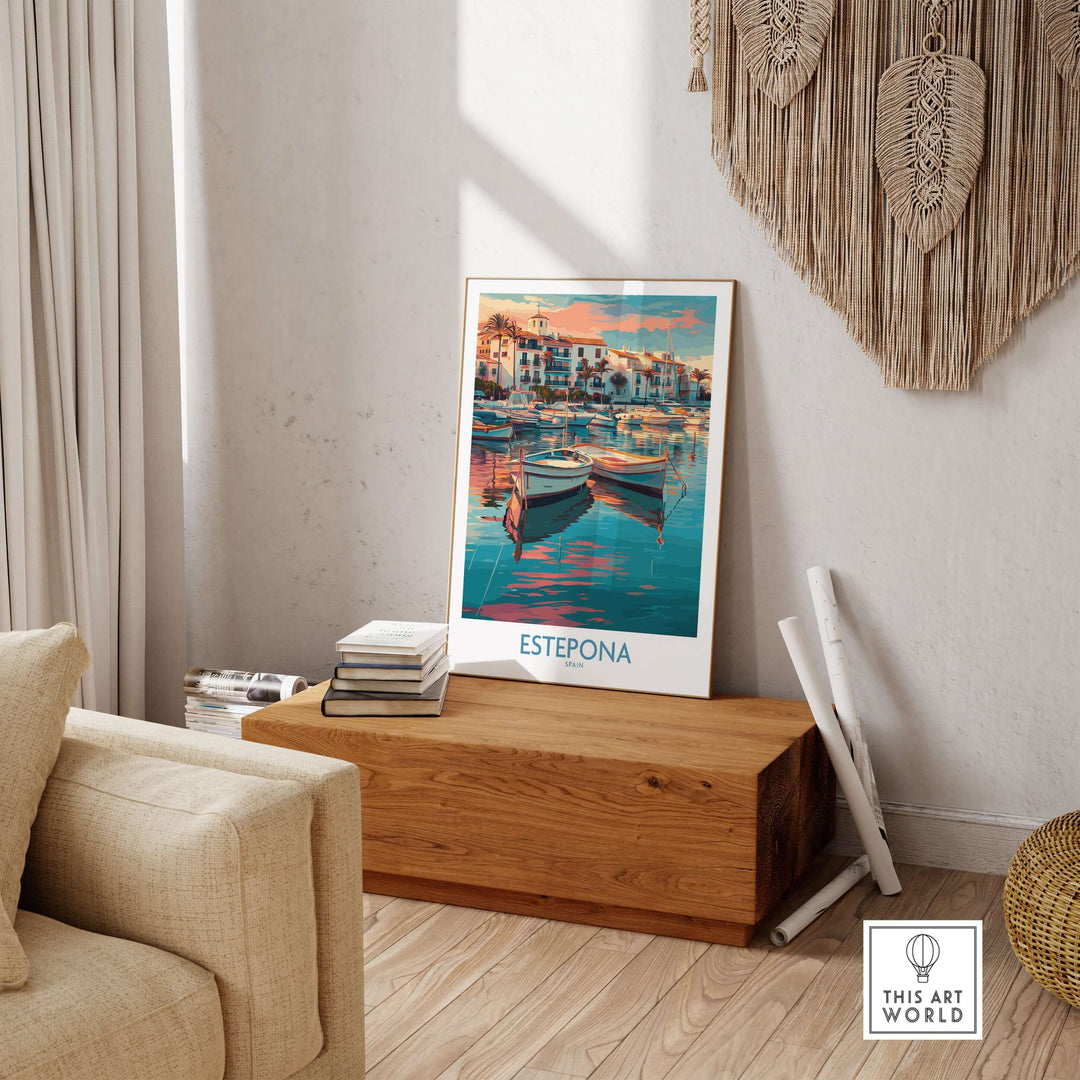 Estepona Spain Sunset Marina Art Print | Andalusian Coastal Poster displayed in a cozy living room setting.