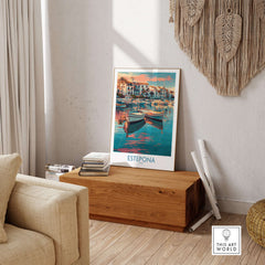 Estepona Spain Sunset Marina Art Print | Andalusian Coastal Poster displayed in a stylish living room setting.