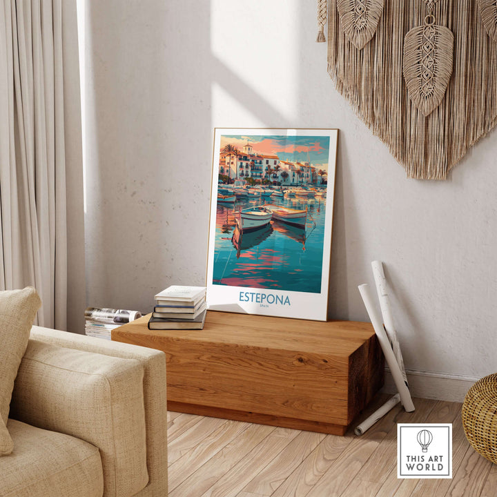 Estepona Spain Sunset Marina Art Print | Andalusian Coastal Poster displayed in a cozy living room setting.
