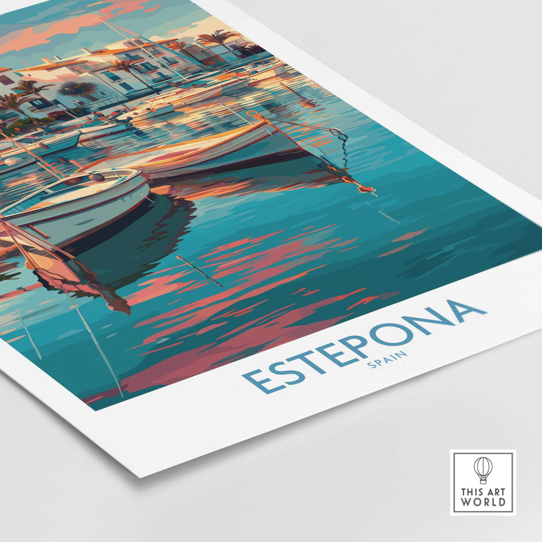 Estepona Spain Sunset Marina Art Print | Andalusian Coastal Poster featuring vibrant boats reflected in tranquil waters.