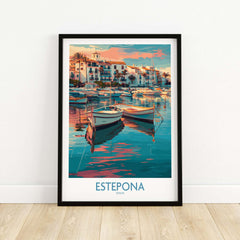 Estepona Spain Sunset Marina Art Print | Andalusian Coastal Poster featuring boats and buildings at sunset.