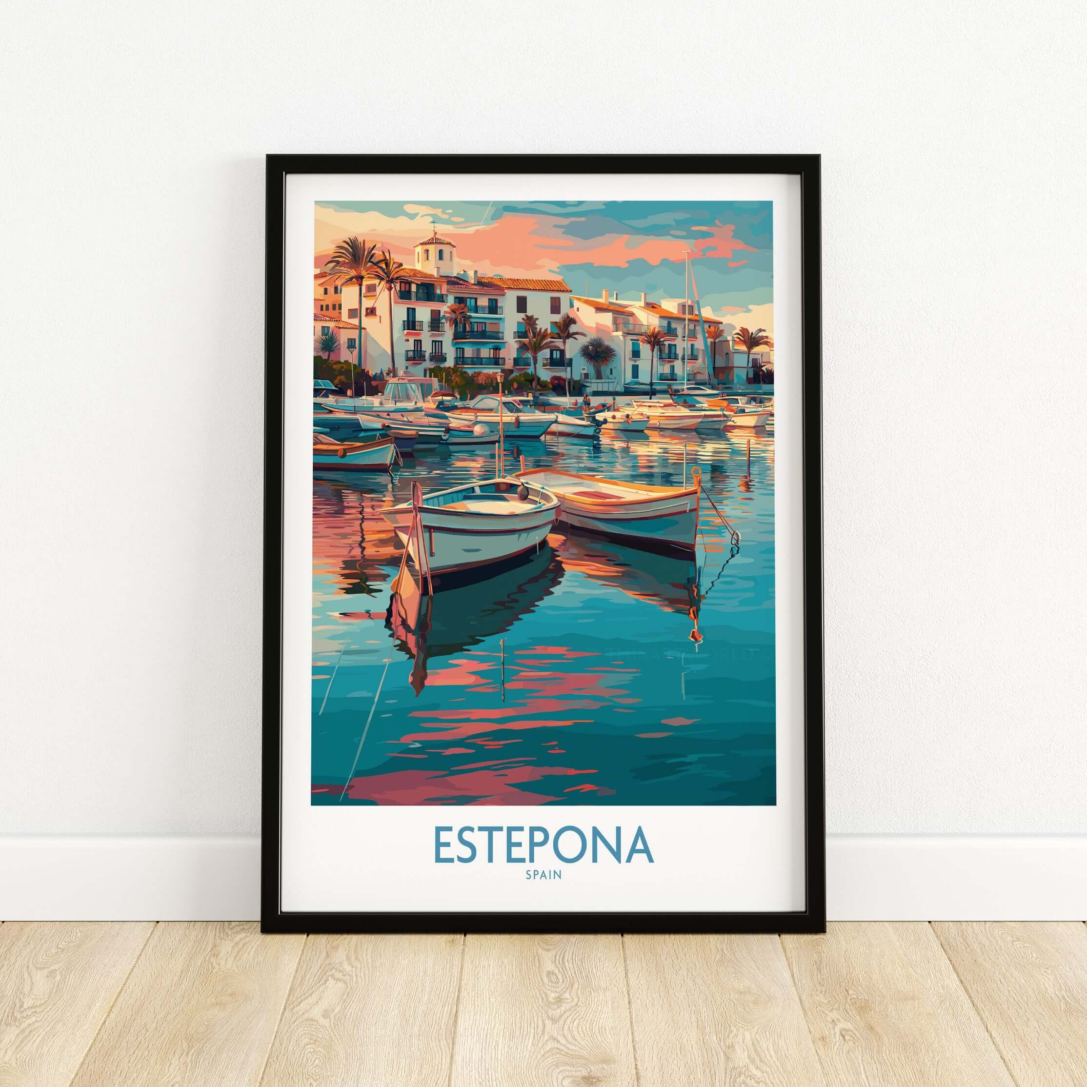 Estepona Spain Sunset Marina Art Print | Andalusian Coastal Poster featuring boats and buildings at sunset.